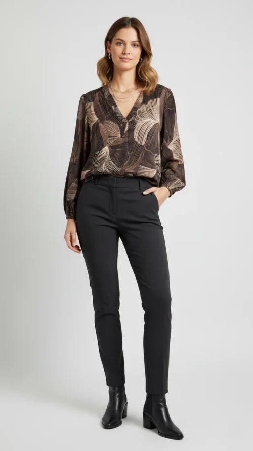 Blouse satinée encolure V à motif feuillage