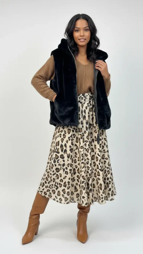 Gilet sans manche noir à capuche en fausse fourrure