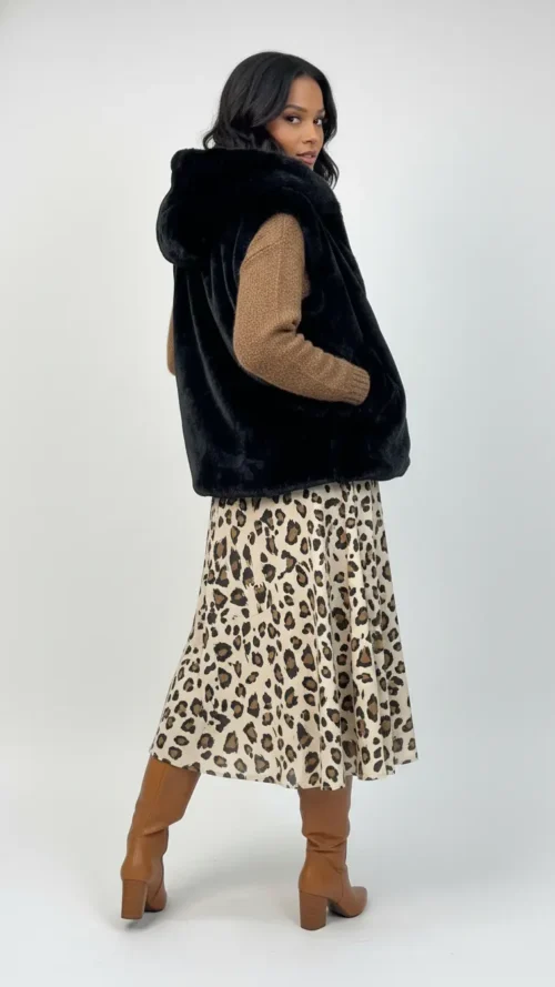 Gilet sans manche noir à capuche en fausse fourrure