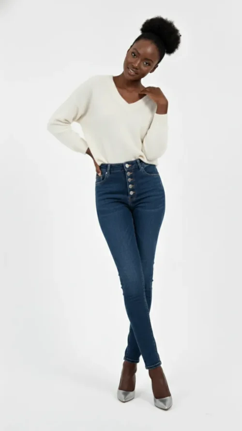 Jean slim femme taille haute boutons apparents