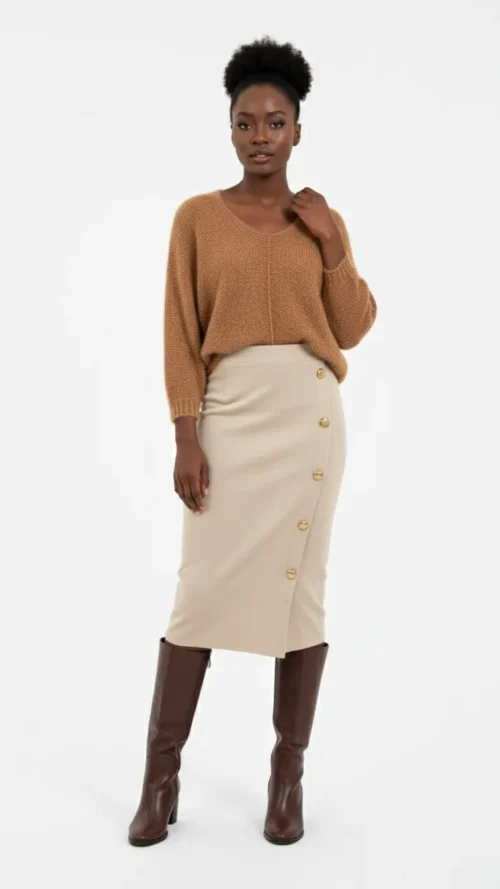 Jupe femme midi beige en maille