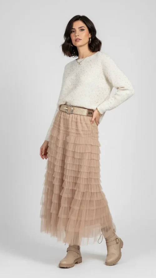 Jupe femme en tulle beige à volants
