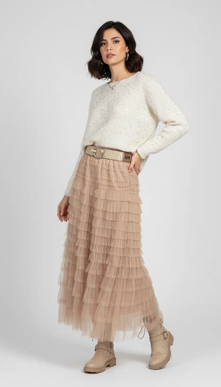 Jupe femme en tulle beige à volants