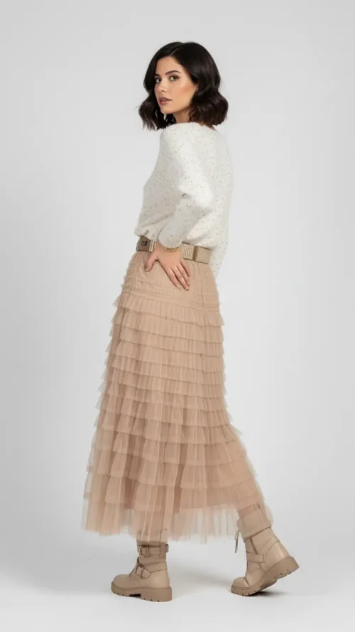 Jupe femme en tulle beige à volants