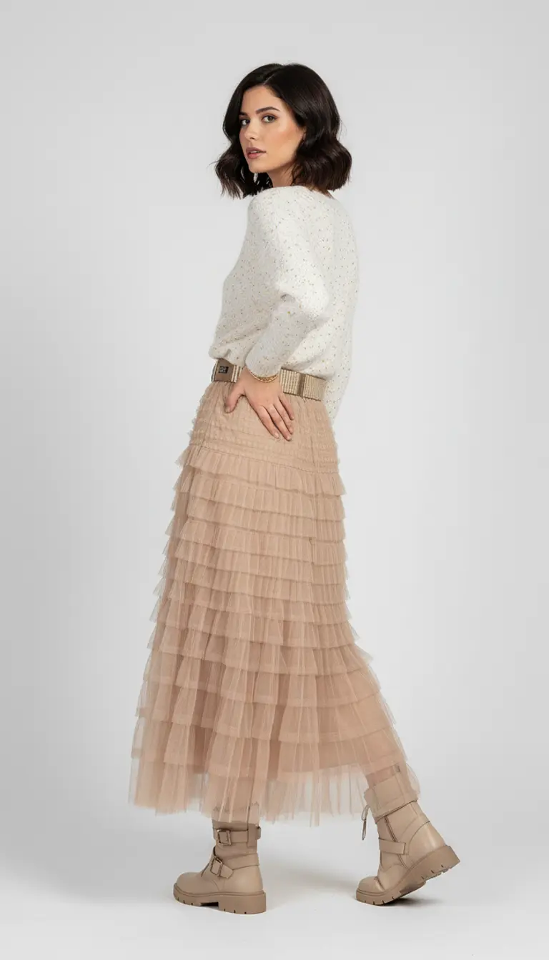 Jupe femme en tulle beige à volants – Image 2