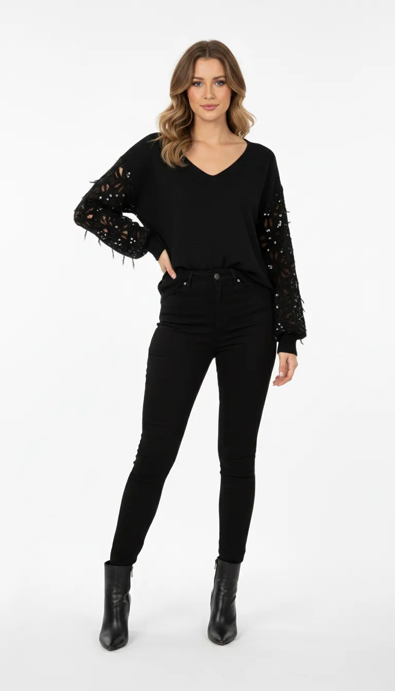 Pull femme col V à manches ajourées et détails pailletés – Image 6