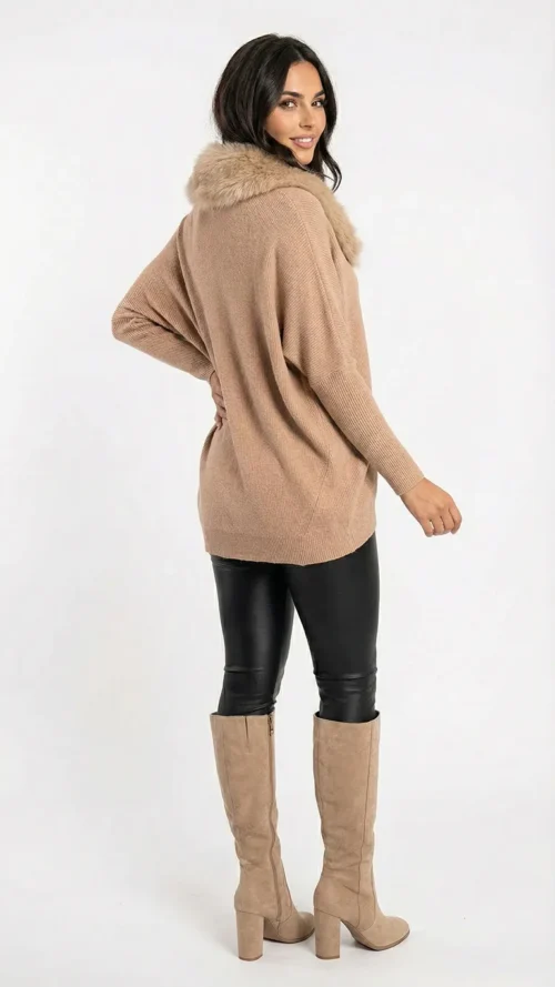 Pull femme long oversize en maille avec col en fausse fourrure premium