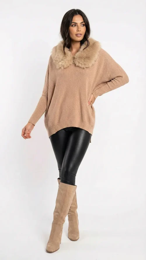 Pull femme long oversize en maille avec col en fausse fourrure premium