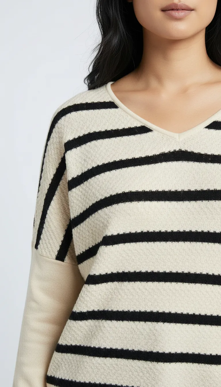 Pull femme chauve-souris rayé beige et noir – Image 3