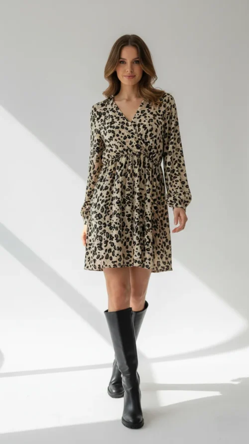 Robe courte fluide imprimé léopard col v manches longues