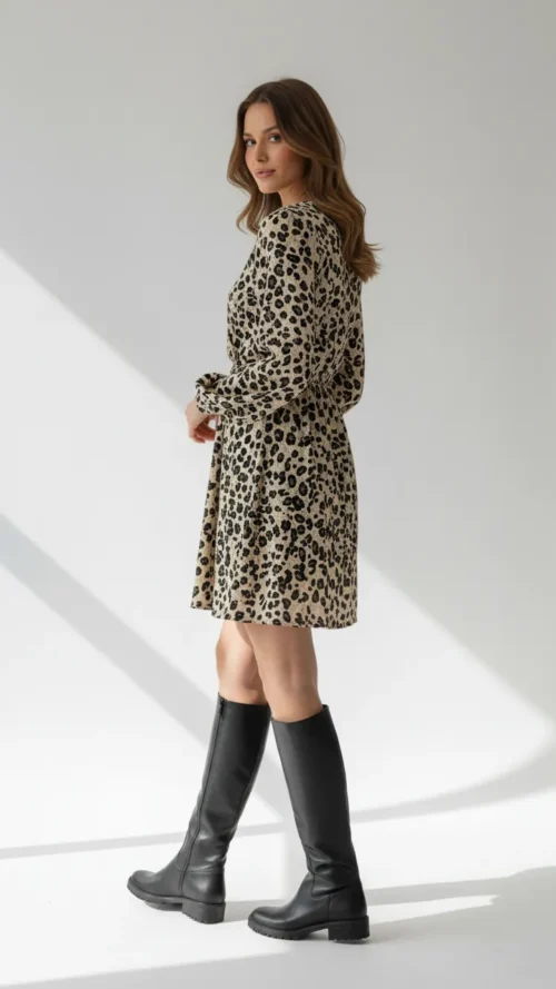 Robe courte fluide imprimé léopard col v manches longues