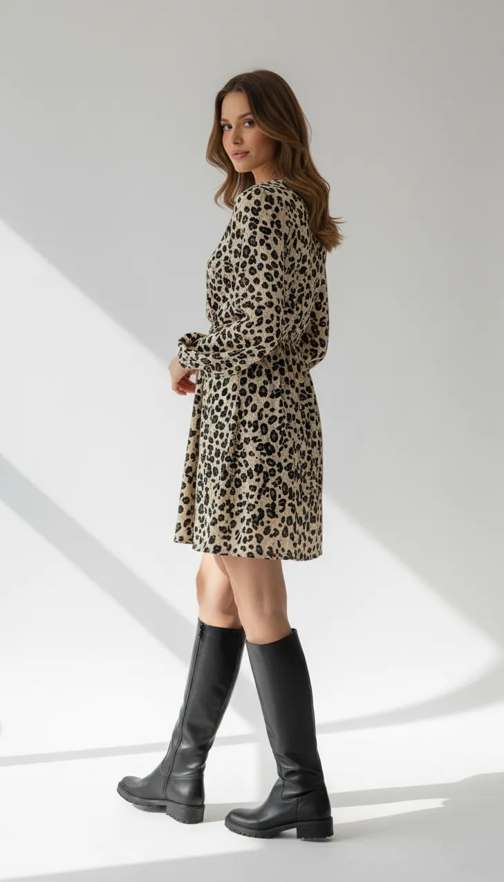 Robe courte fluide imprimé léopard col v manches longues – Image 2