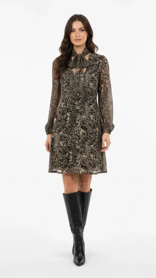 Robe courte femme fluide à imprimé col cravate