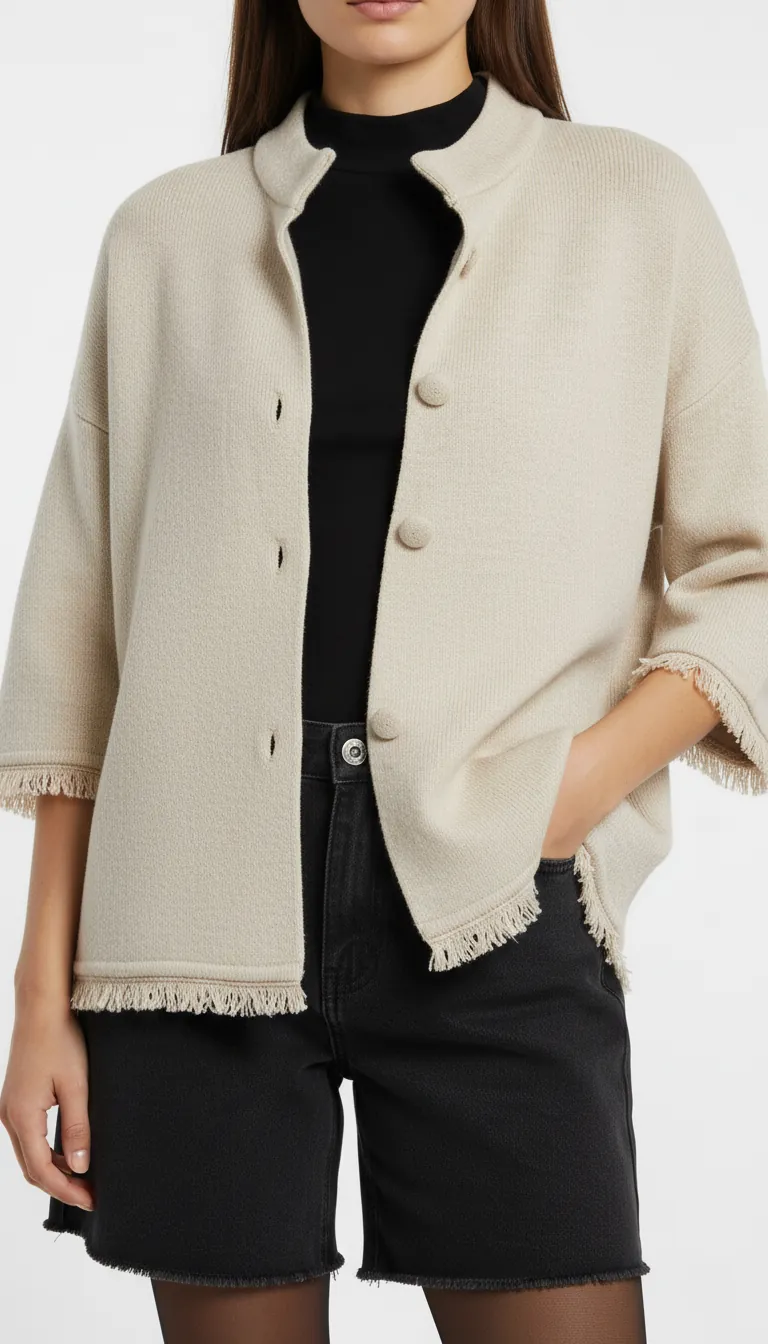 Veste en maille col officier et finition franges – Image 4