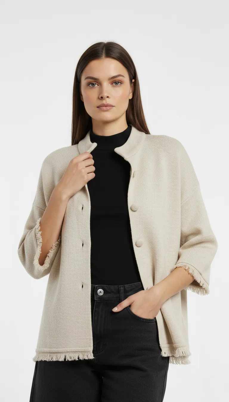 Veste en maille col officier et finition franges – Image 3