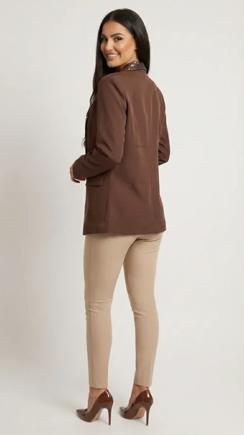 Blazer femme col sequin chocolat