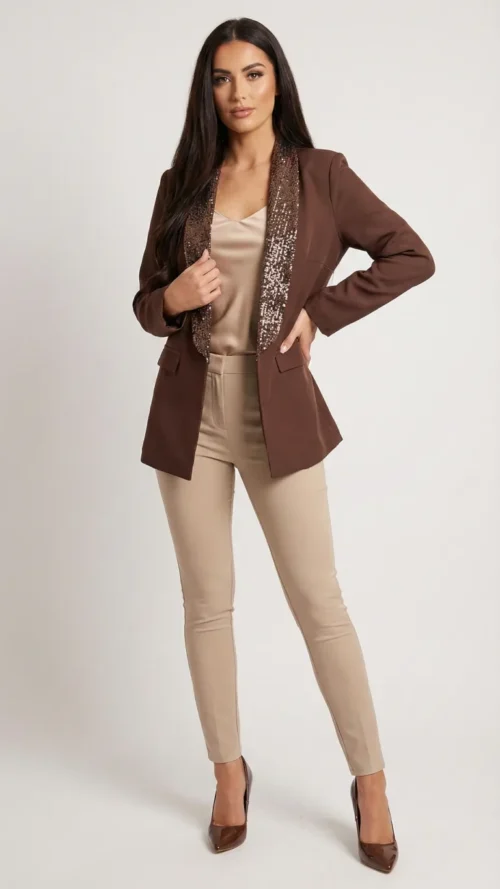 Blazer femme col sequin chocolat