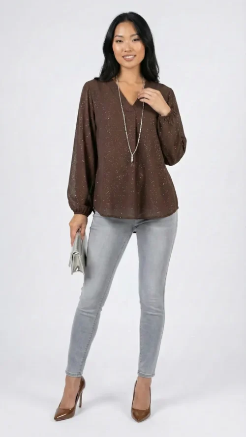Blouse femme en voile marron pailleté argent