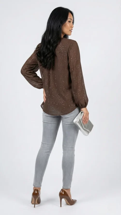 Blouse femme en voile marron pailleté argent