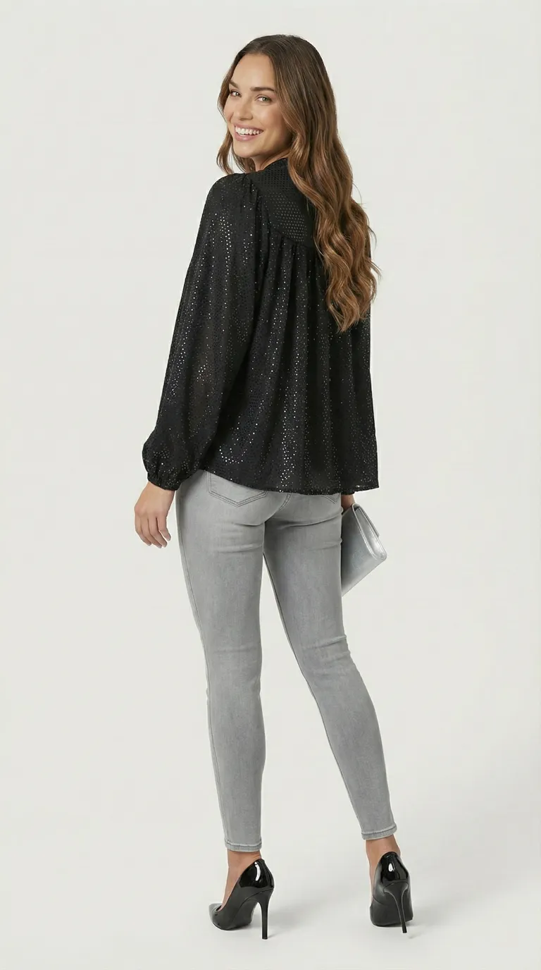 Blouse scintillant noire effet miroir – Image 2