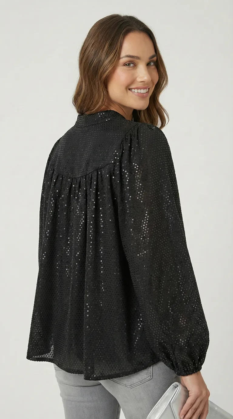 Blouse scintillant noire effet miroir – Image 3