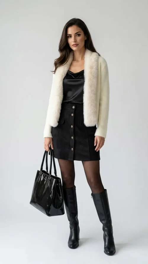 Cardigan maille col fausse fourrure écru