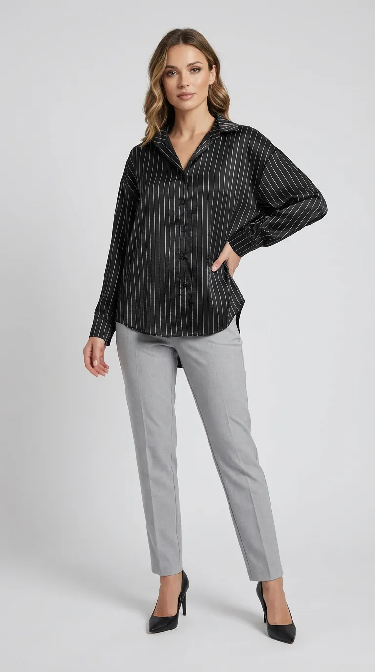 Chemise femme satinée noire à fines rayures argentées