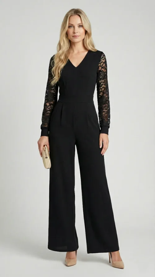 Combinaison pantalon femme noire manche dentelle