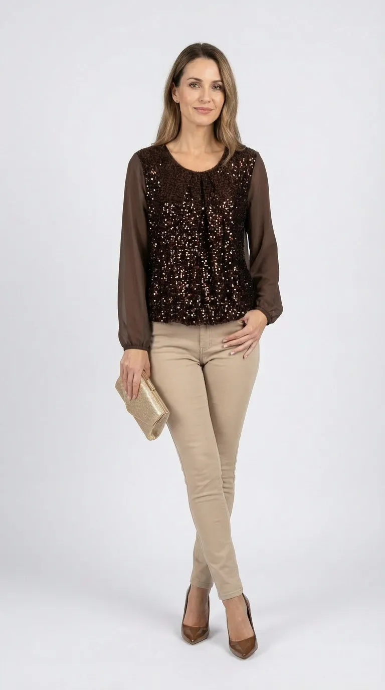 Blouse femme bi matière en velours et voile marron à sequins – Image 5