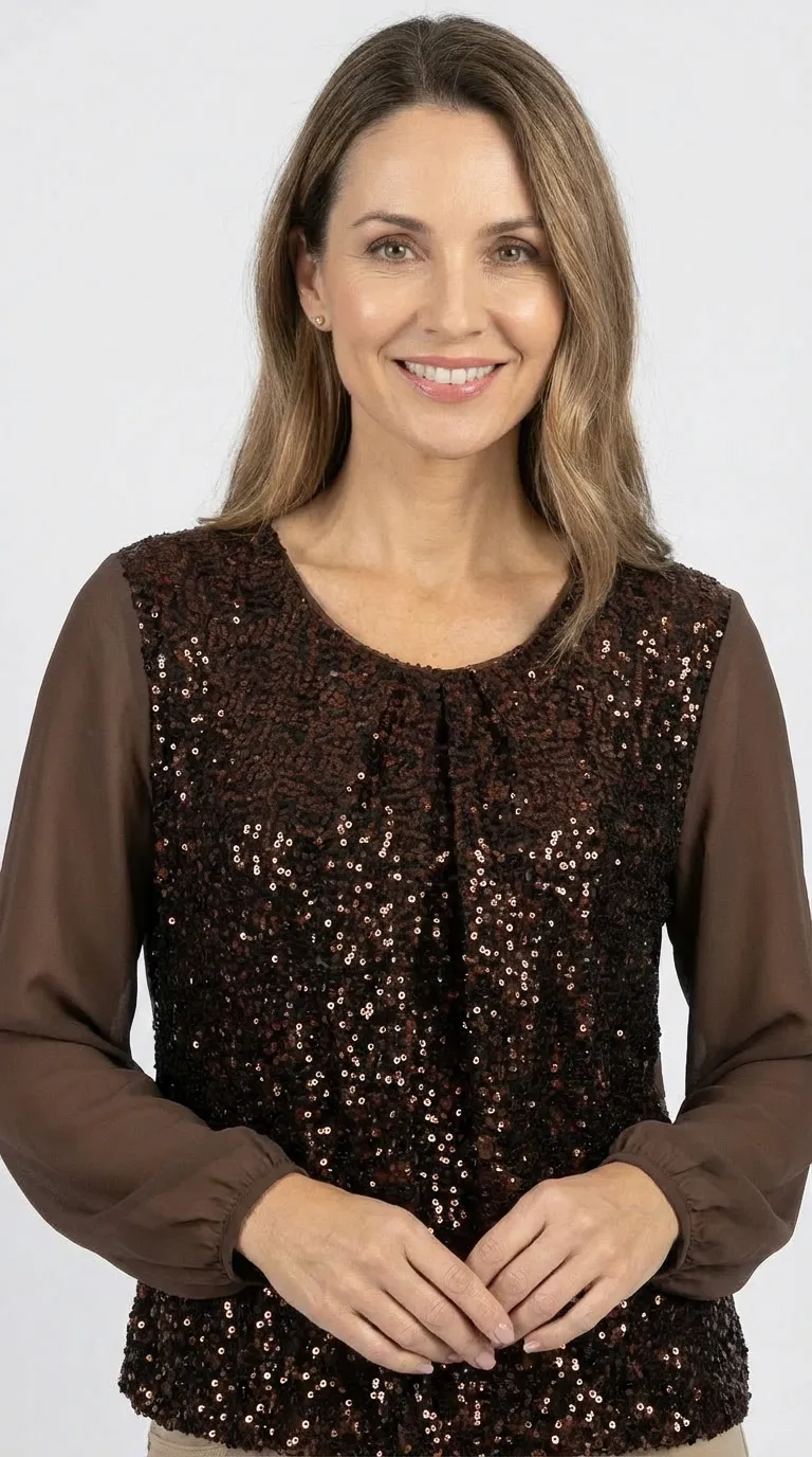 Blouse femme bi matière en velours et voile marron à sequins – Image 4