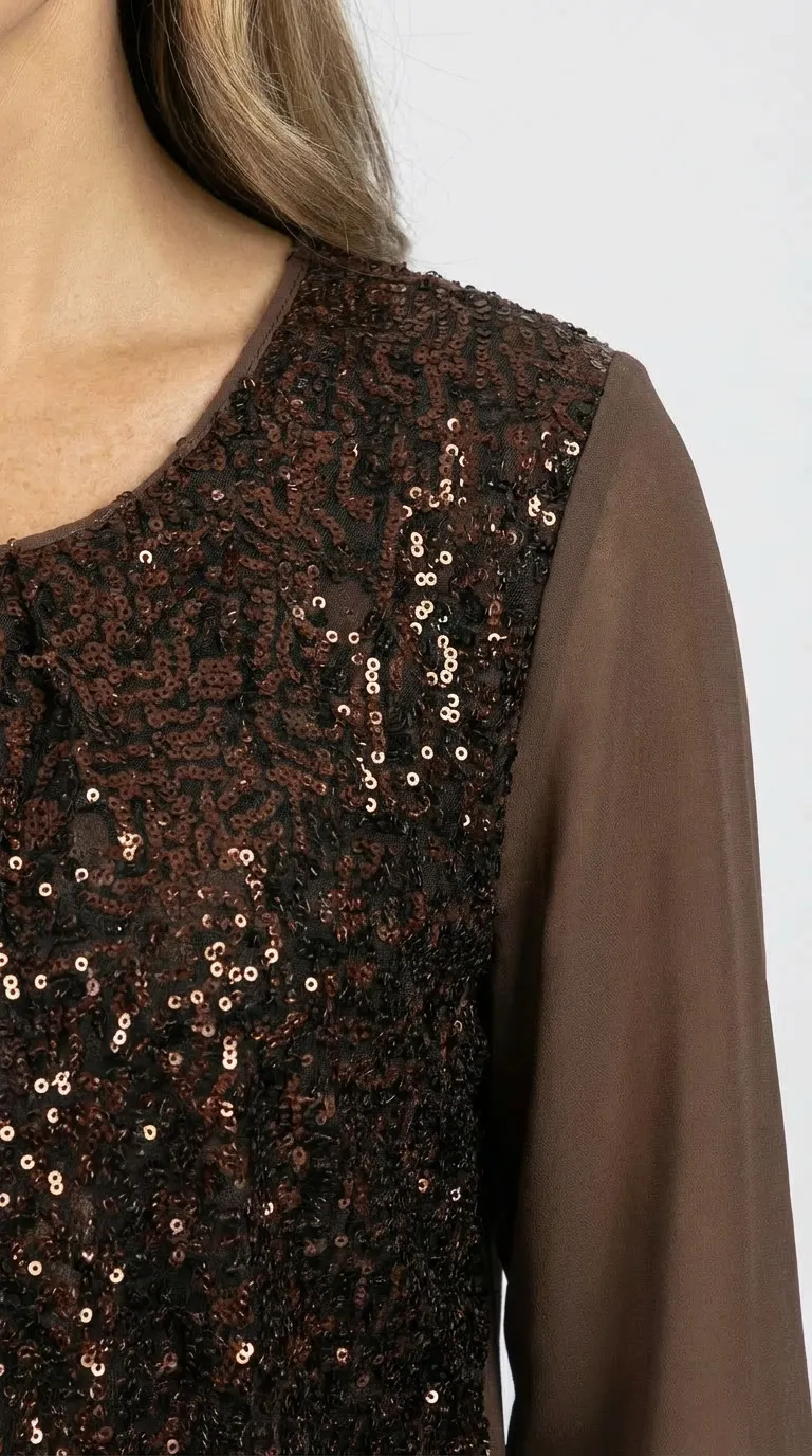 Blouse femme bi matière en velours et voile marron à sequins – Image 3