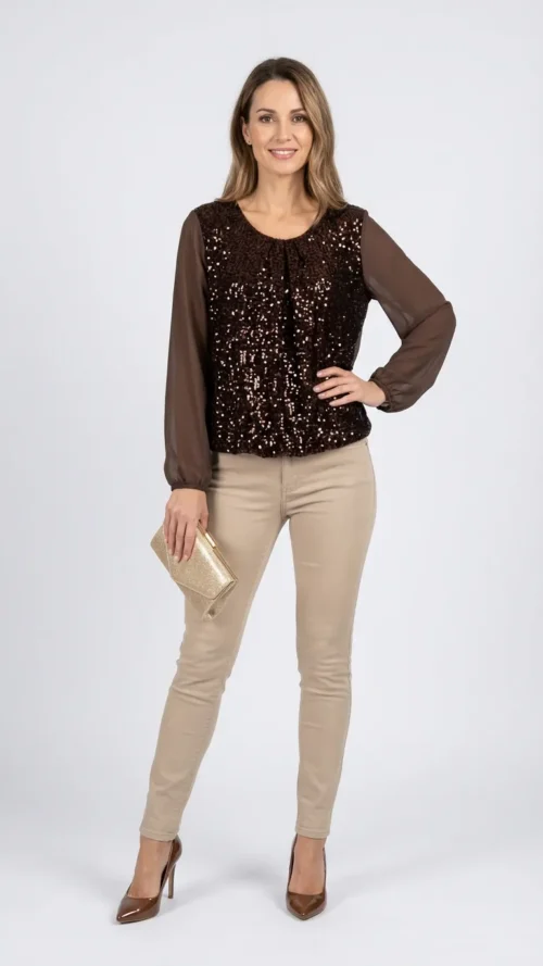 Blouse femme bi matière en velours et voile marron à sequins