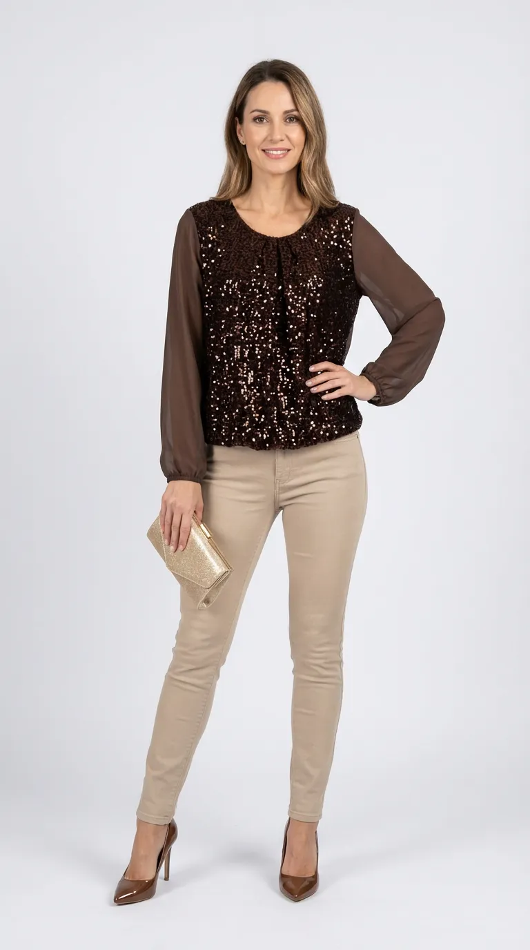 Blouse femme bi matière en velours et voile marron à sequins