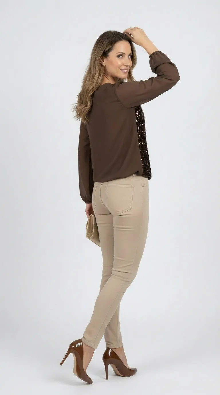 Blouse femme bi matière en velours et voile marron à sequins – Image 2