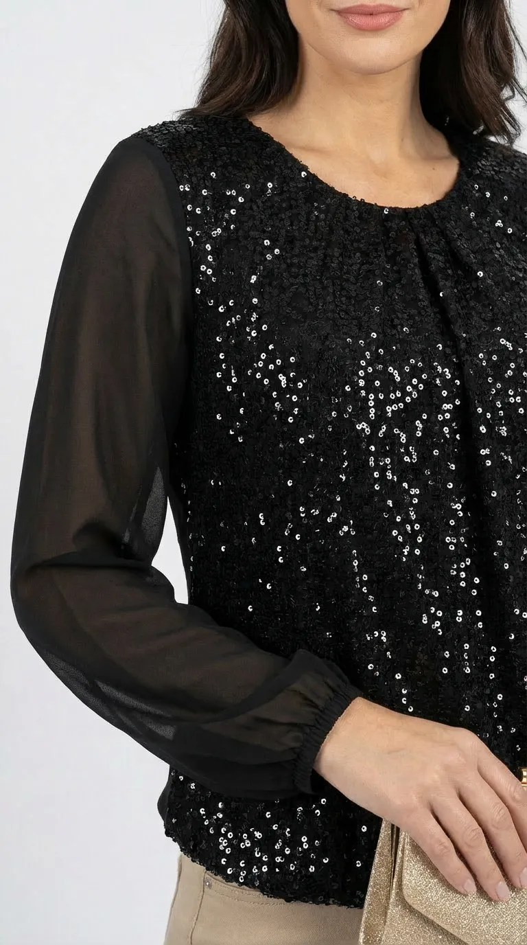 Blouse femme bi matière en velours et voile noir à sequins – Image 4