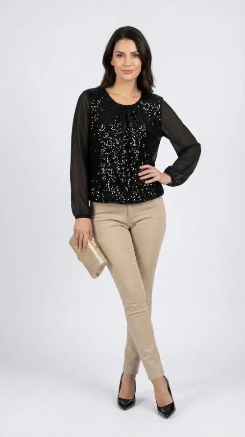 Blouse femme bi matière en velours et voile noir à sequins