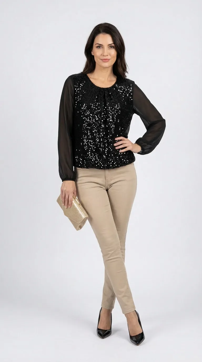 Blouse femme bi matière en velours et voile noir à sequins