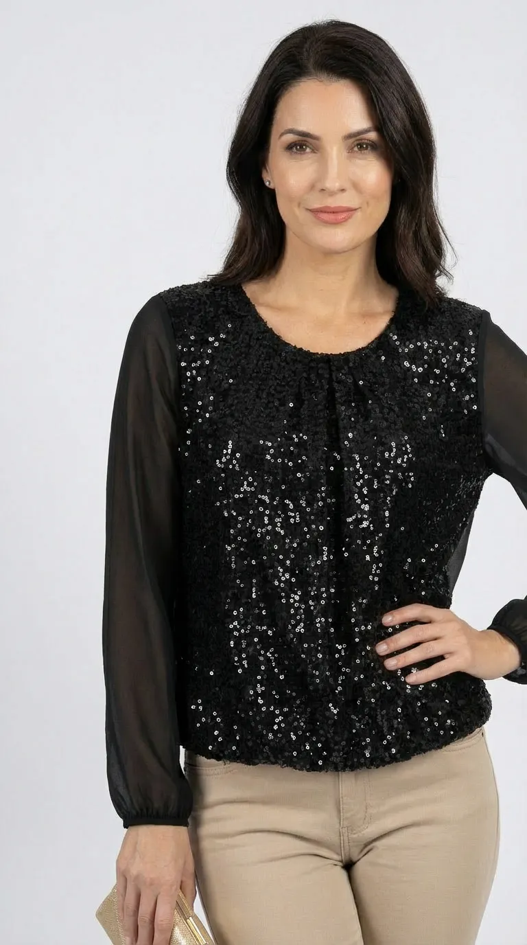Blouse femme bi matière en velours et voile noir à sequins – Image 3