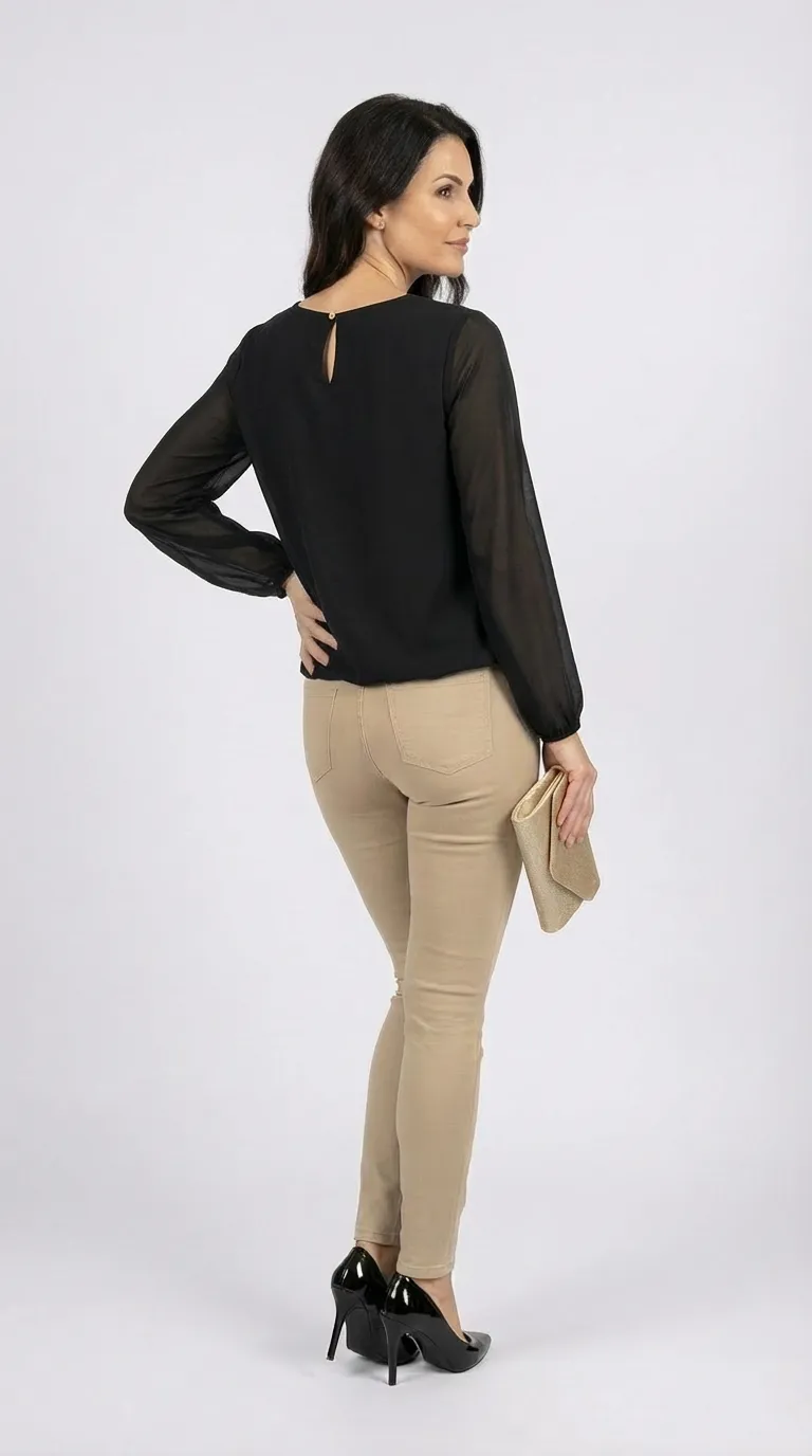 Blouse femme bi matière en velours et voile noir à sequins – Image 2