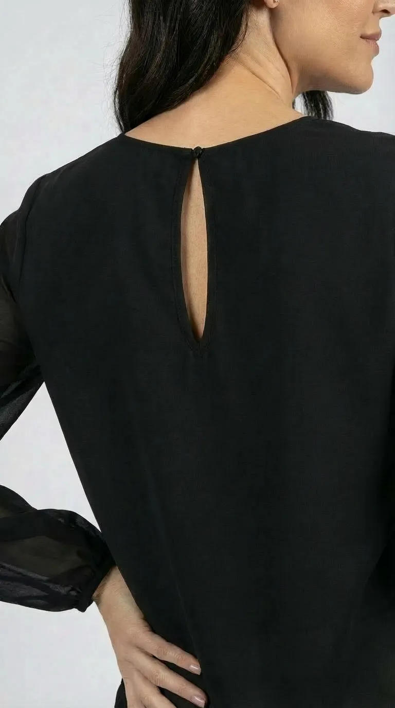 Blouse femme bi matière en velours et voile noir à sequins – Image 5