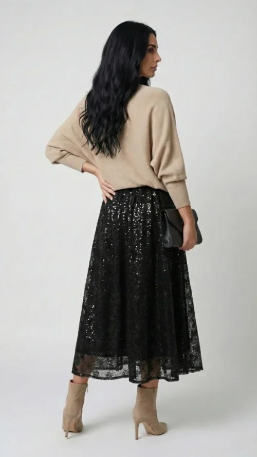 Jupe longue en sequins fleurs noir