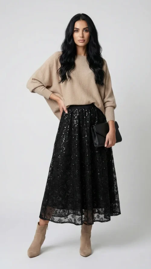 Jupe longue en sequins fleurs noir