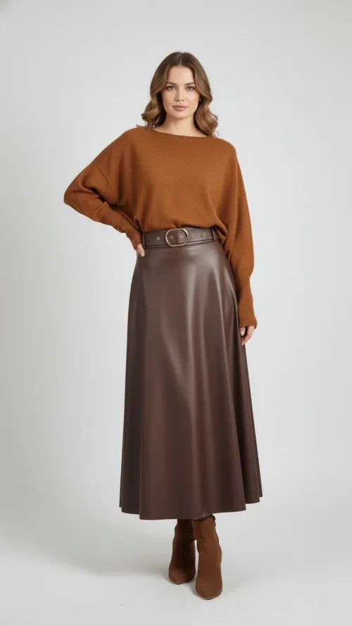 Jupe longue trapèze similicuir marron