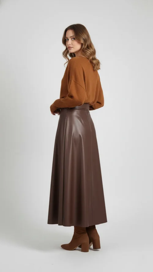 Jupe longue trapèze similicuir marron
