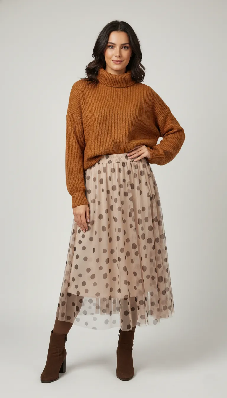 Jupe longue femme en tulle beige à pois marron