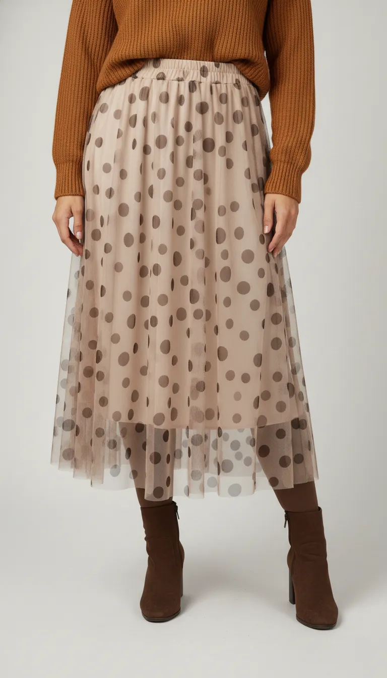 Jupe longue femme en tulle beige à pois marron – Image 3