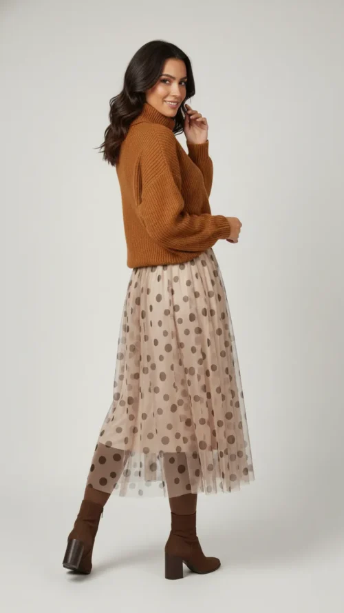 Jupe longue femme en tulle beige à pois marron