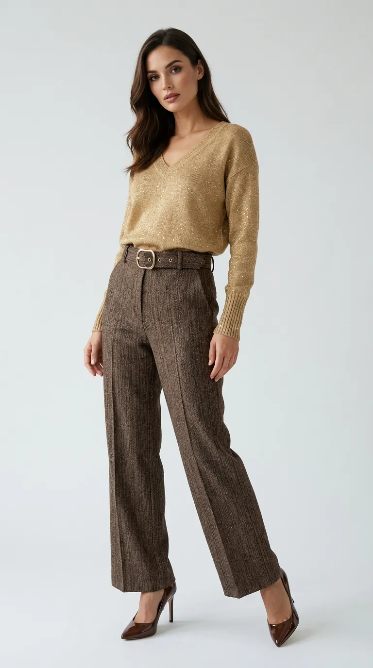 Pantalon femme habillé avec ceinture assortie marron