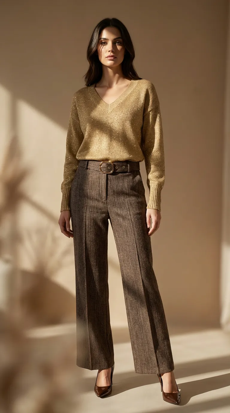 Pantalon femme habillé avec ceinture assortie marron – Image 4