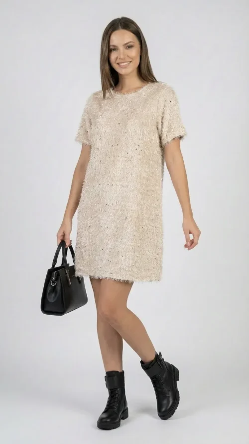 Robe courte femme beige nude à sequins